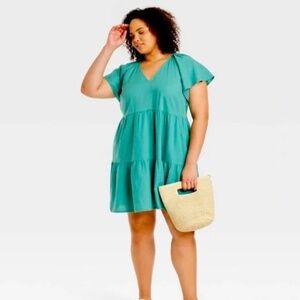 Woman’s Flutter Short Sleeve Tiered Linen Blend Mini Dress XXL v-neck Green boho